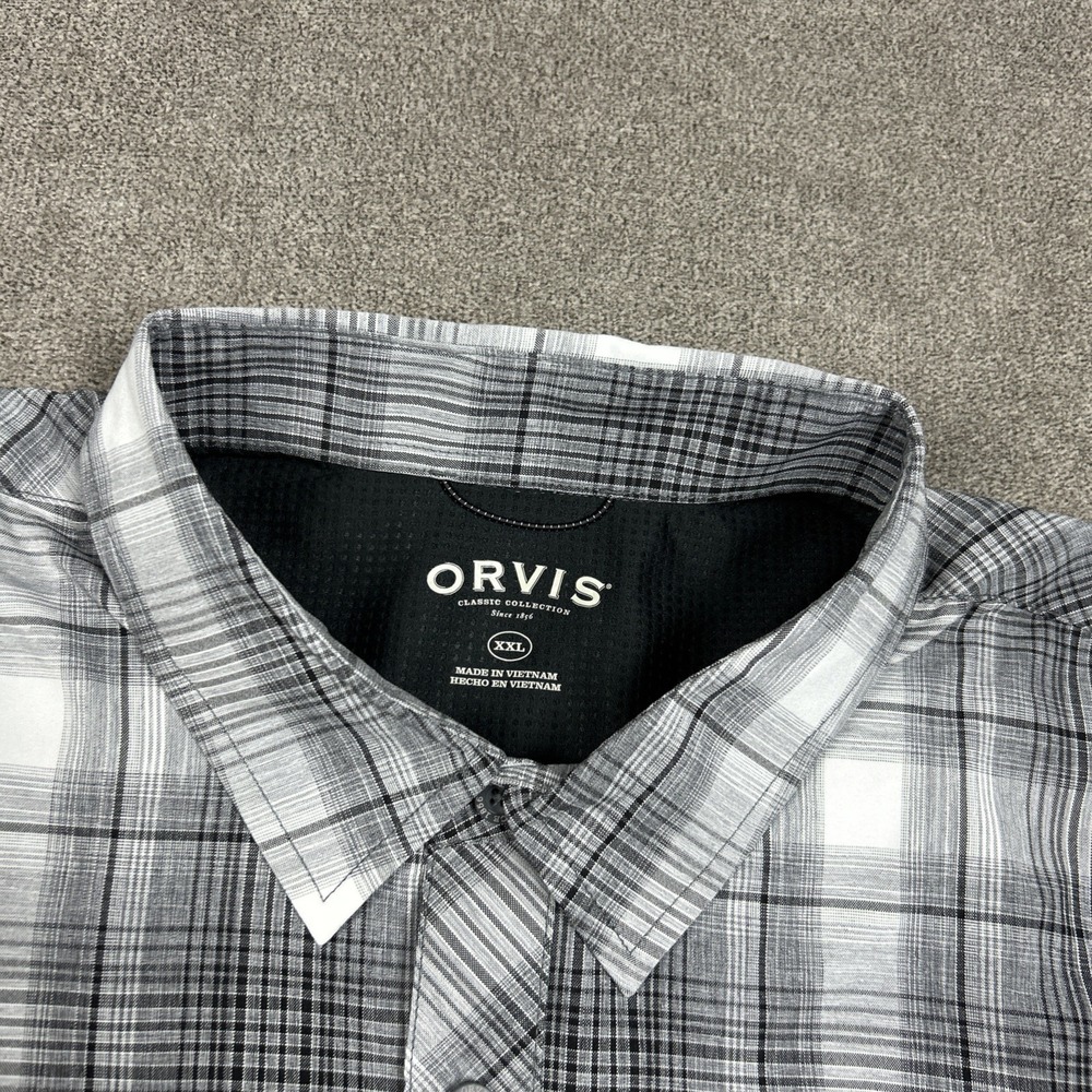 NEW Orvis Short Sleeve Tech Shirt Mens 2XL Gray Plaid Button Up UPF 30 Stretch - Picture 3 of 9